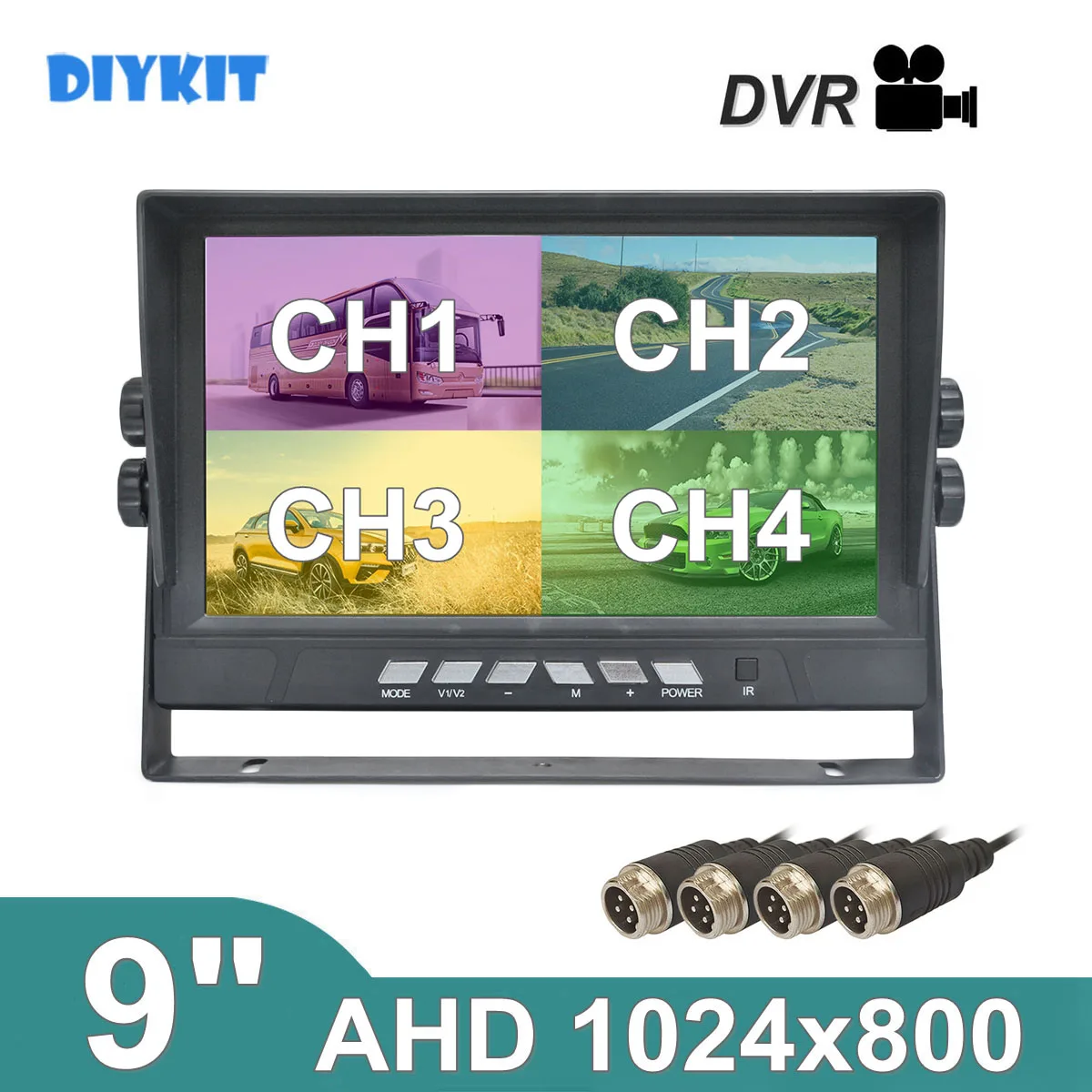 

DIYKIT 9inch AHD 1024x800 Video Recording HD Car Monitor Rear View Monitor Support 128GB SD Card AHD Car Camera