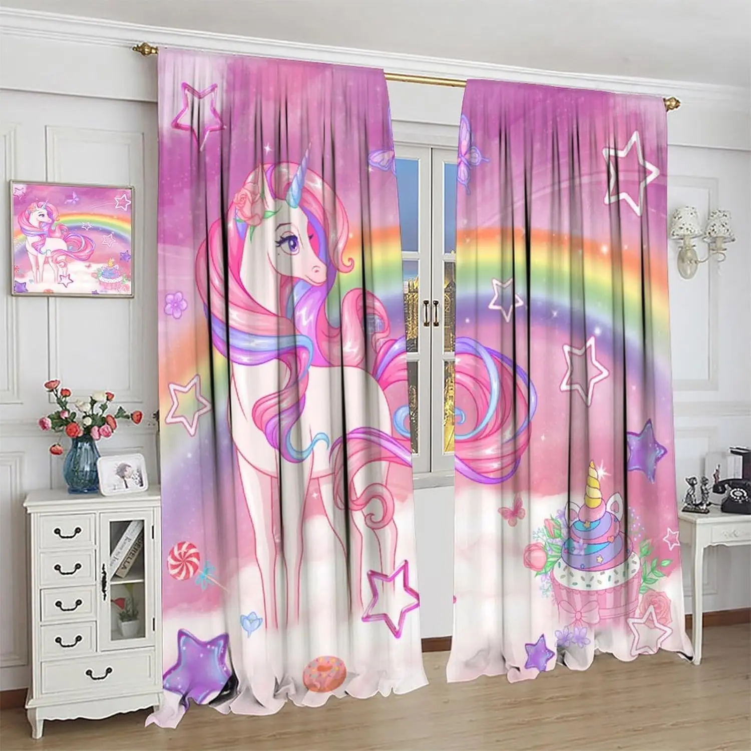 Rainbow Unicorn Curtains Girls Bedroom, Cartoon Sweets Cupcakes Stars Lollipops Butterfly Pink Unicorn Window Drapes for Kids