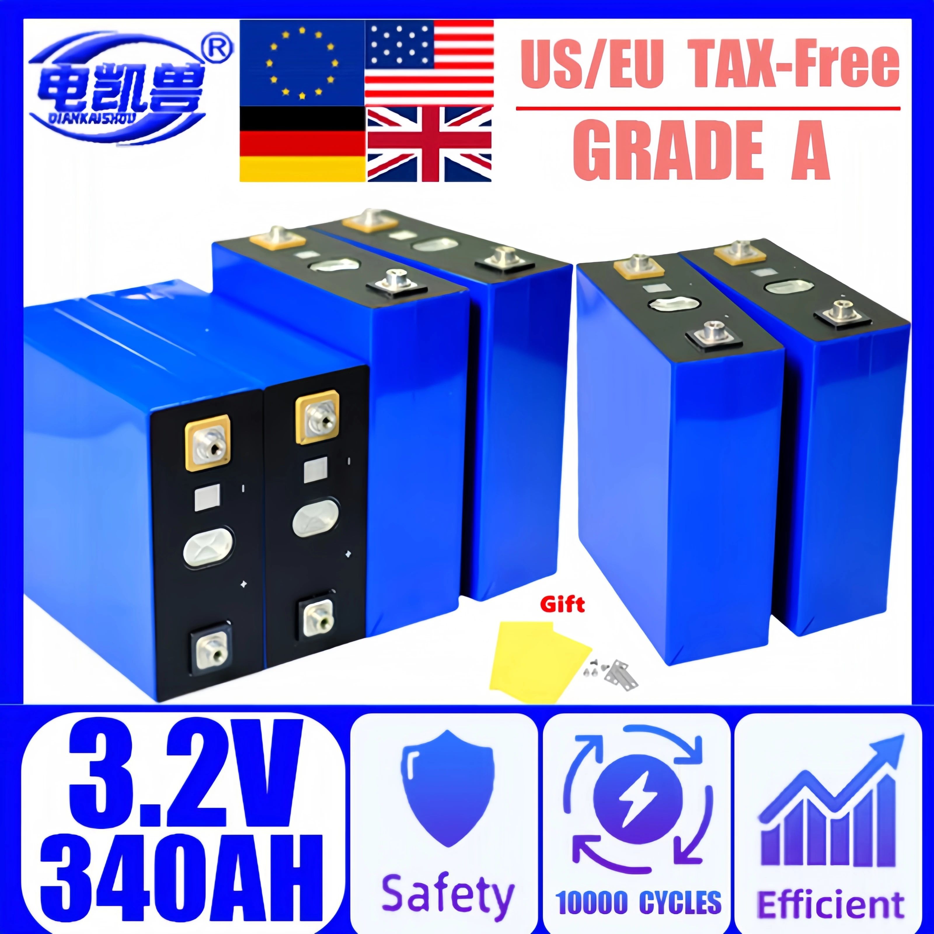 

3.2V 340AH Grade A Lifepo4 Rechargeable Battery 10000 Cycles 24V 48V battery RV EV pack Golf solar energy camping duty-free