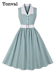 Tonval Contrast Collar Button Up Elegant Pleated Midi Dresses for Women Turquoise and White Plaid Vintage Rockabilly Dress
