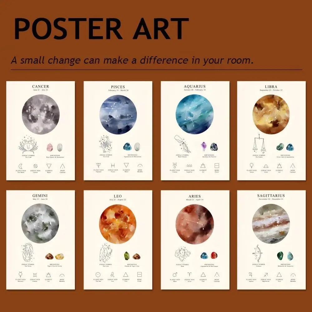 Póster del zodiaco Celestial Lunar espacial, signo de estrella del horóscopo, pintura de pared de astrología para dormitorio y sala de estar, decoración moderna para el hogar