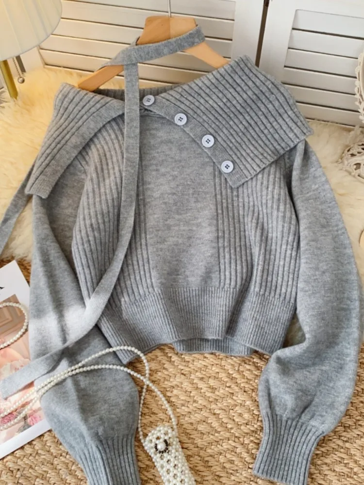 Elegant and Chic Knitting Sweater Autumn Turn-down Collar Button Decor Long Sleeves Casual Y2k Tops Female One Piece Clothes New