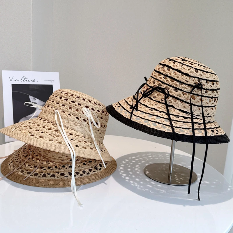 

Japan hollow raffia fisherman hat new fashion casual handwoven bow fringe basin hat women outdoor travel sun protection hat
