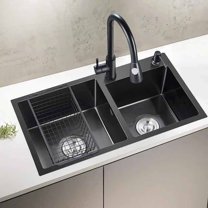 Stainless steel hand-thickened black nano sink, kitchen dishwashing sink, black diamond step vegetable basin, single basin, doub