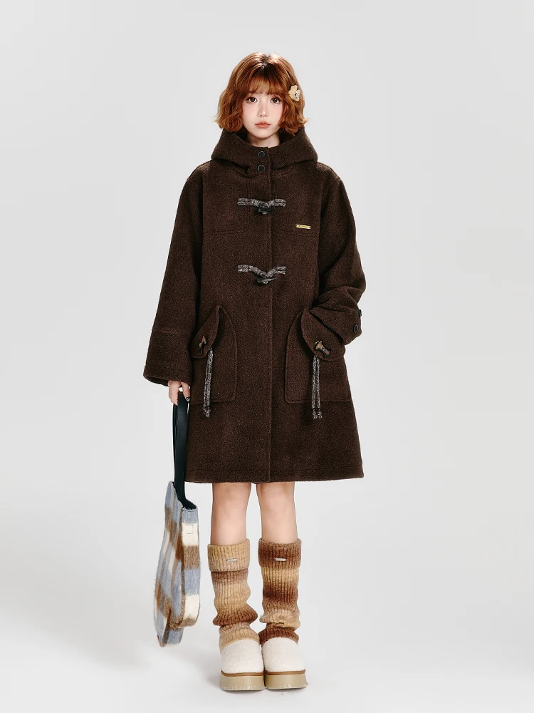 Zimní tlustý vlněný kabát, středně dlouhý, s kapucí, volný střih, teplý, ležérní svrchní oblečení, retro přepínací kabát, teplá dlouhá bunda - náhled 5