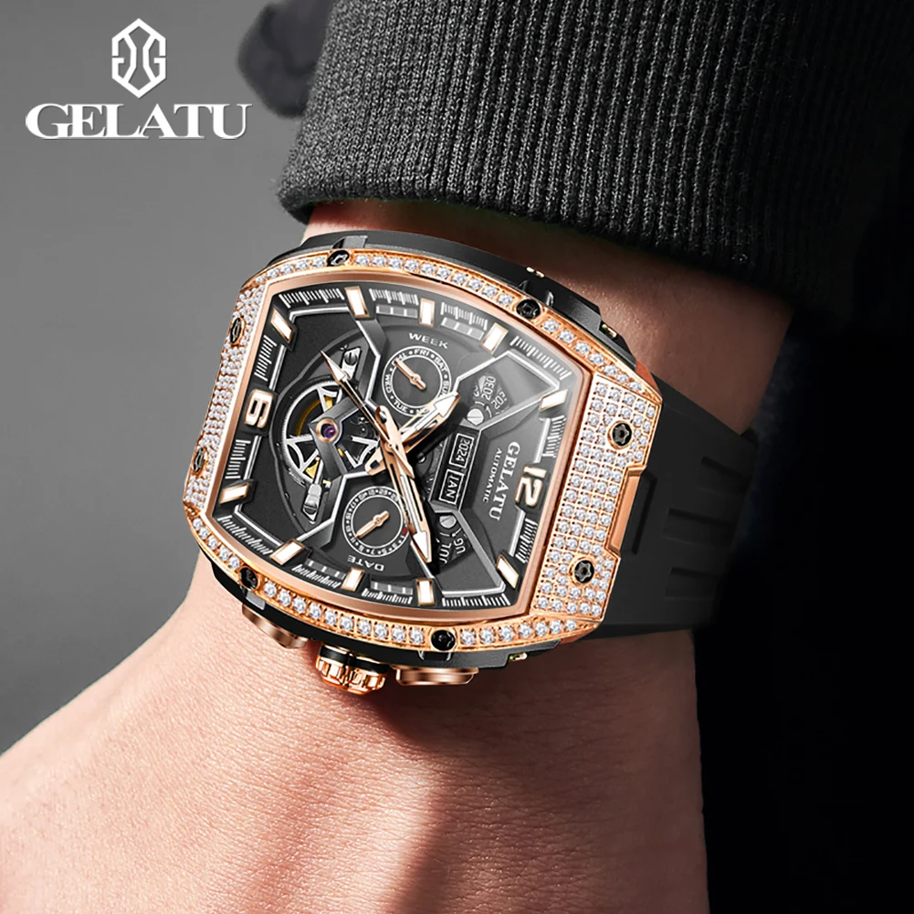 GELATU 6016 Hollow Big Dial Luxury Mechanical Watch For Men Diamond Auto Date Silicone Hand Clock 50M Waterproof Top Brand Watch