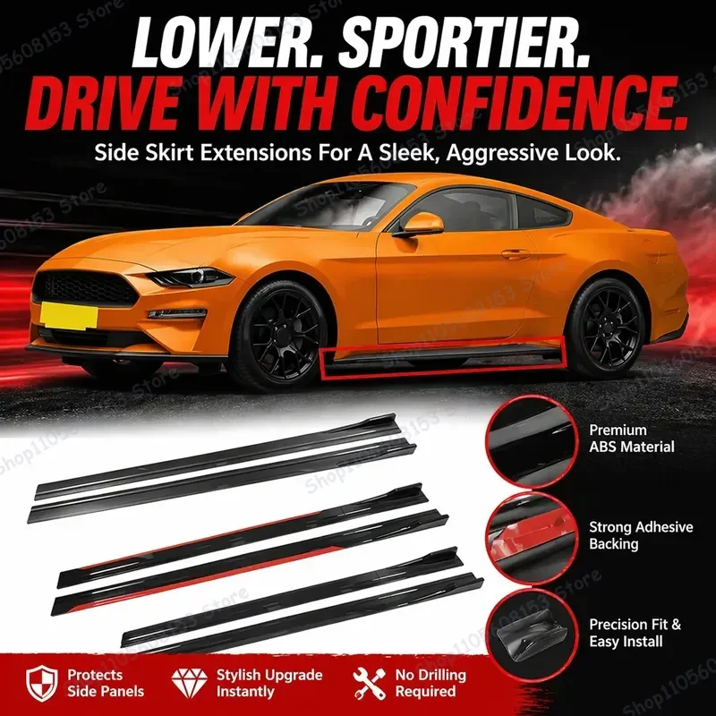 For Mustang GT EcoBoost Dark Horse Shelby 2M Car Side Skirt Extension Lip Kit Bumper Add On Racing Spoiler Aerodynamic Body