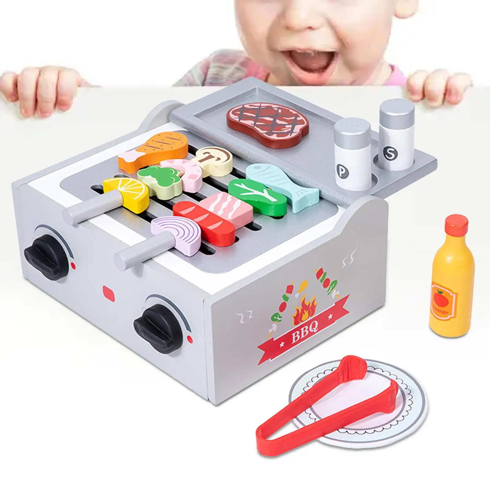 

Kids Wooden BBQ Grill Playset Fine Motor Skills Realistic Barbecue Cooking Game for Preschool Toddlers Children Kids Gifts