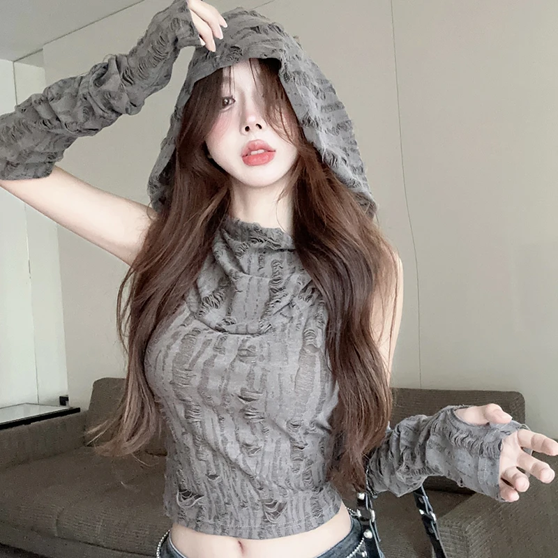 Summer Women Sweater Tops Fashion Sexy Breathable Retro Distressed Slim Fit Hooded Vest with Sleeves