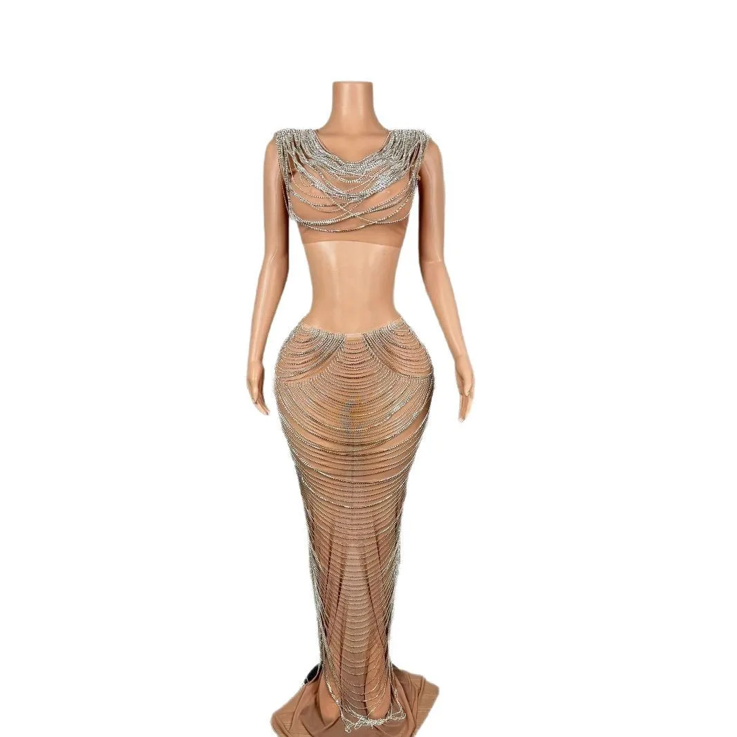 Robe de soirée de Banquet haut de gamme avec chaîne en argent de luxe, pour réunion annuelle, chanteur haut de gamme, vêtements de chant à la mode, robes moulantes