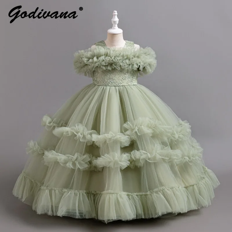 

Original Girls Elegant Princess Dress Sweet Bow Mesh Embroidery Sleeveless Evening Gown Kids Wedding Piano Performance Dresses