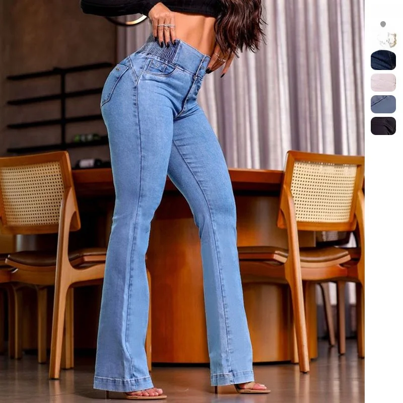 

High Waist Elastic Waist Button Detail Stretchy Wide Leg Long Jeans Women's Faion Spring 2025 Stand Fit Deep Blue Denim