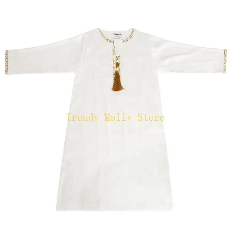 N5KB Thời trang dài tay bé trai Thobe Áo sơ mi phong cách dân tộc Ramadans Áo choàng Ma-rốc