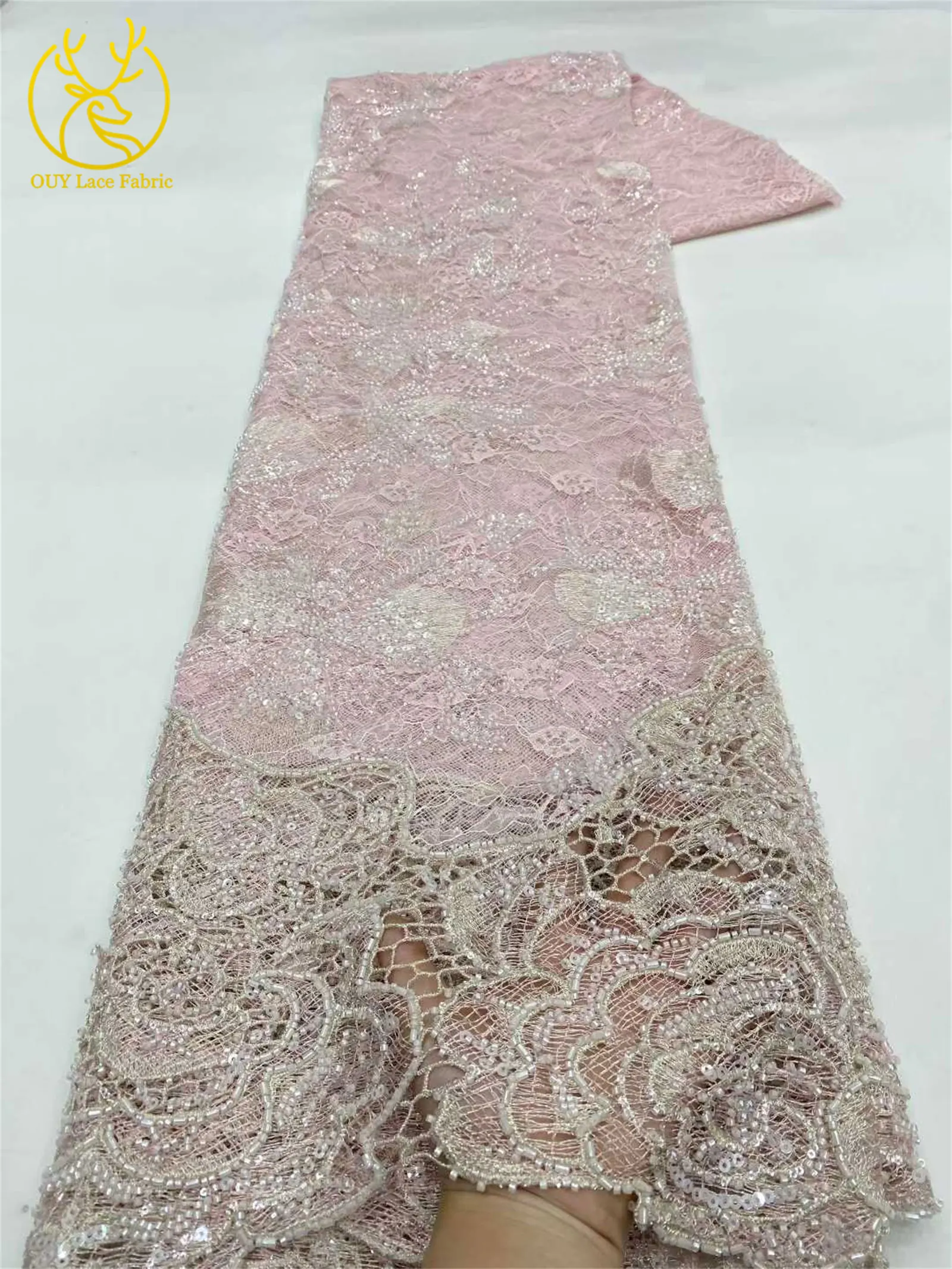 Afrikanischer nigerianischer Brautkleidstoff mit Perlen und Spitze 2026 – Hochwertige Pailletten-Stickerei auf französischem Tüllnetz für Hochzeitskleider zum Nähen, 5Y – Detail 10