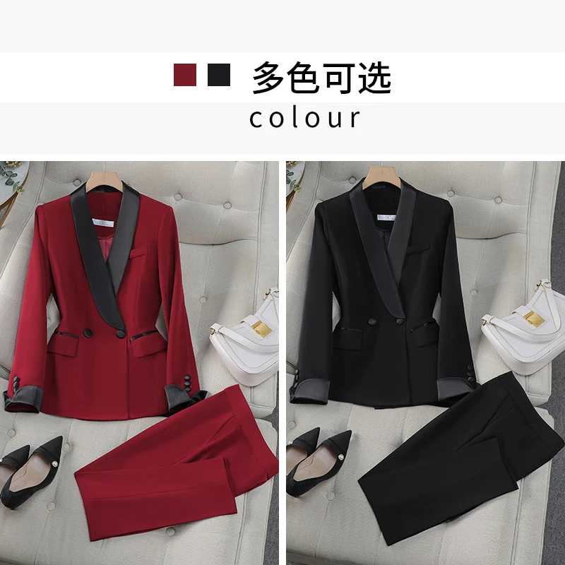 ฤดูใบไม้ร่วงผู้หญิงทํางาน Blazer สูทสีดําสีแดง Patchwork Double Breasted Coat Top และกางเกงเอวสูง 2 ชิ้นชุด Office Lady