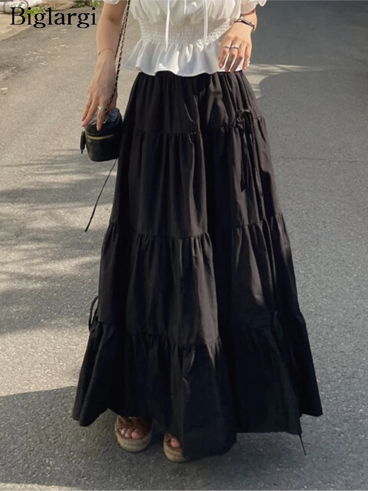 

Autumn A-Line Long Skirt Women Ruffle Pleated Loose Casual Fashion High Waist Ladies Skirts Korean Style Woman Skirt