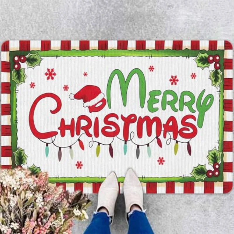 VIKAMA Merry Christmas Door Mat Santa Hat String Lights Candy Cane Welcome Rug Happy New Year Entryway Christmas Holiday Decor