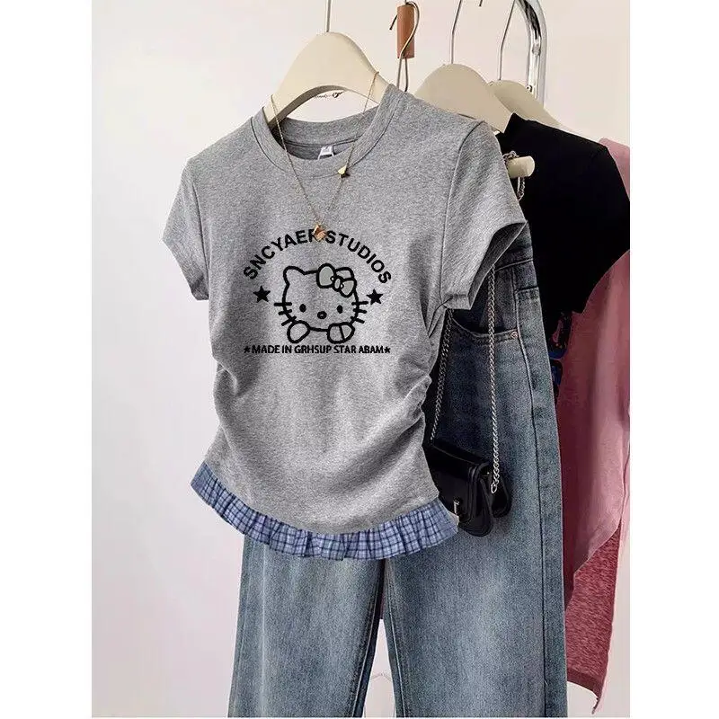 Short-Sleeved T-Shirt Hello Kitty Printed Patchwork Plaid Front Shoulder Women's Sanrio Summer Retro Slim Sweet Spicy Short Tops - view 6