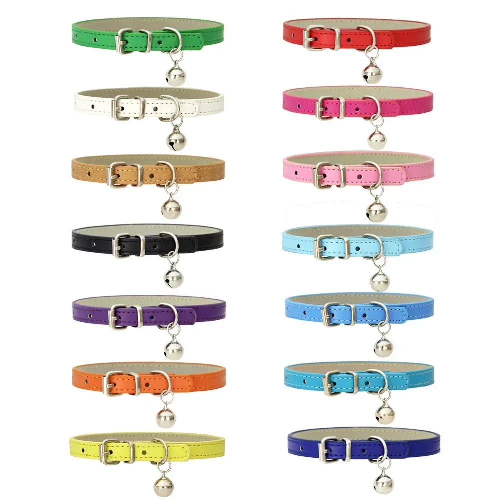 16 Colors Solid Leather Cat Collar With Bell Cute Kitten Necklace Pet Neck Strap Collar For Cat Small Medium Dogs Puppy XS-XL