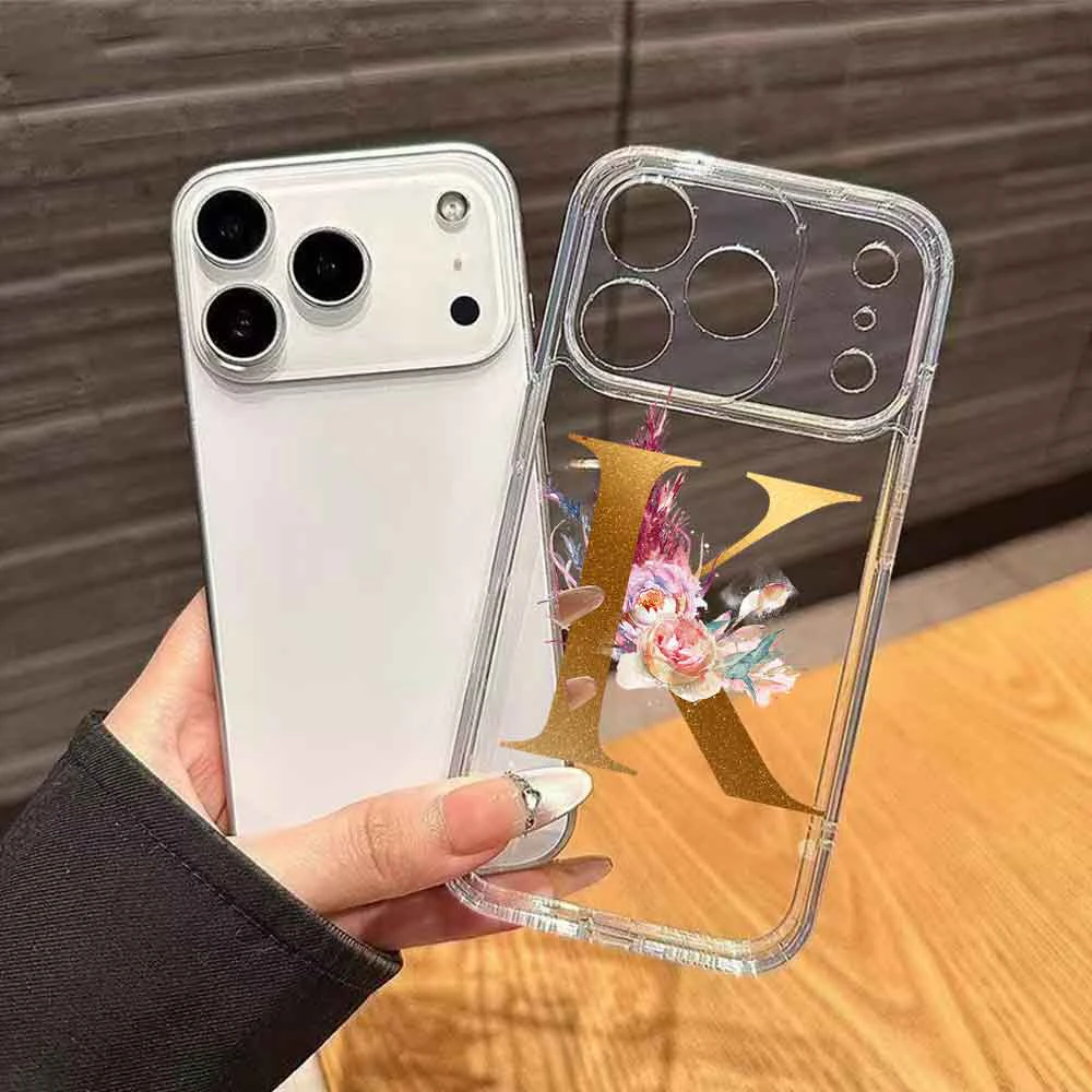 

Transparent Rose Flowers Golden Letters Phone Case For iphone 17 Pro Max 14 Plus 17Pro 11 12 Clear Girls Camera Protection Cover