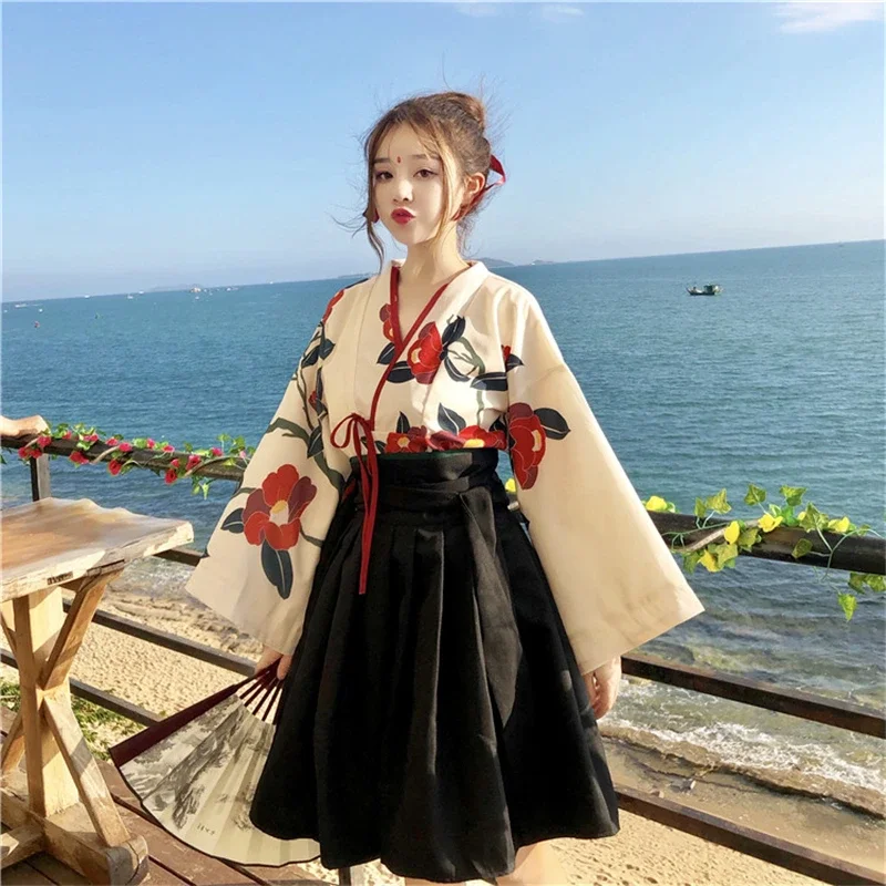 Roupa de quimono Haori com estampa floral feminina, saia curta e longa, top de manga cheia, moda kawaii, estilo japonês, verão, 2024