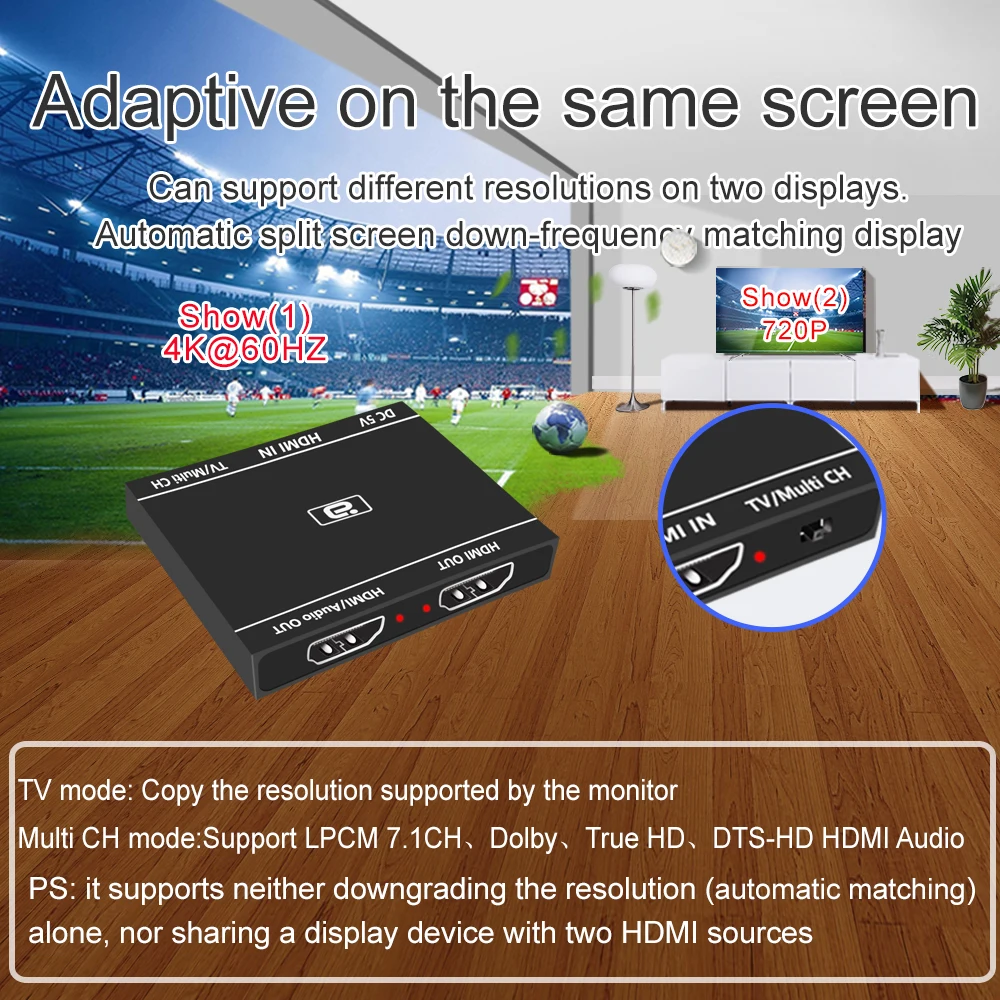 HDMI2.0b 1x2 Splitter 4K@60HZ UHD 1 In 2 Out HD Only Audio Extractor HDCP Crack 7.1CH DolBy AtmOs for PS TV Box