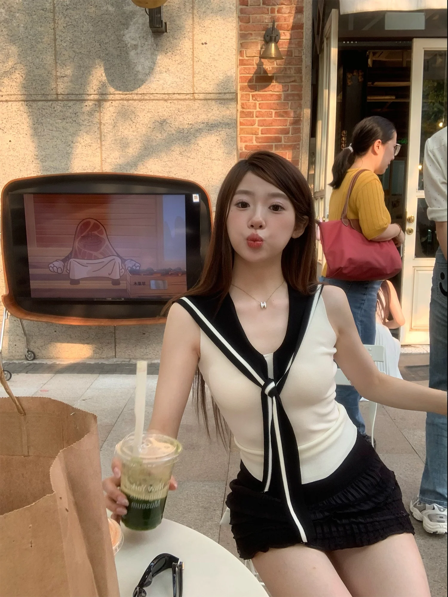 

OKJJ Navy Collar Svel Pullover Knitted Vest Women's Summer New Sle Thin V-ne ort Length Color Korean Sle