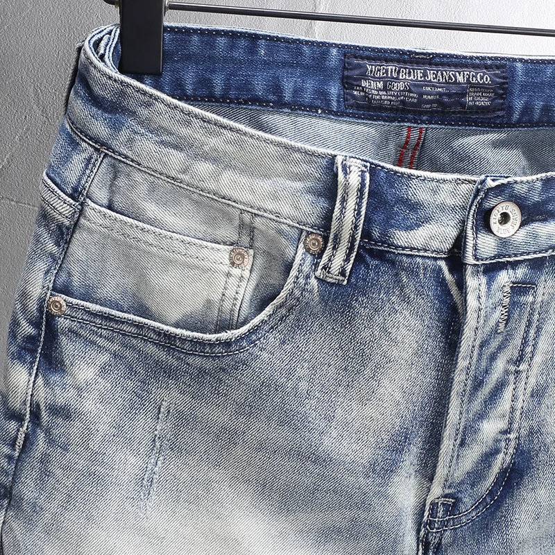 Fashion Designer Men Jeans High Quality Retro Light Blue Stretch Slim Fit Ripped Jeans Men Italian Style Vintage Denim Pants