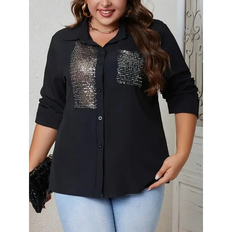 Women\'s Plus Size 1XL-5XL Tops Contrast Sequin Turn Down Fashion Collar Buttoned Top  Blouses for Women