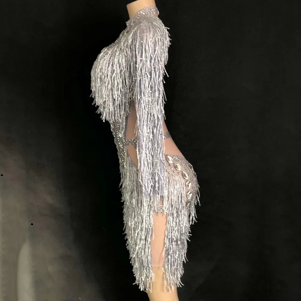 Silver Shining Tassel Crystal Rhinestones Long Sleeve Sexy Dress For Women Evening Ballroom Stage Entertainer Drag Queen Outfit