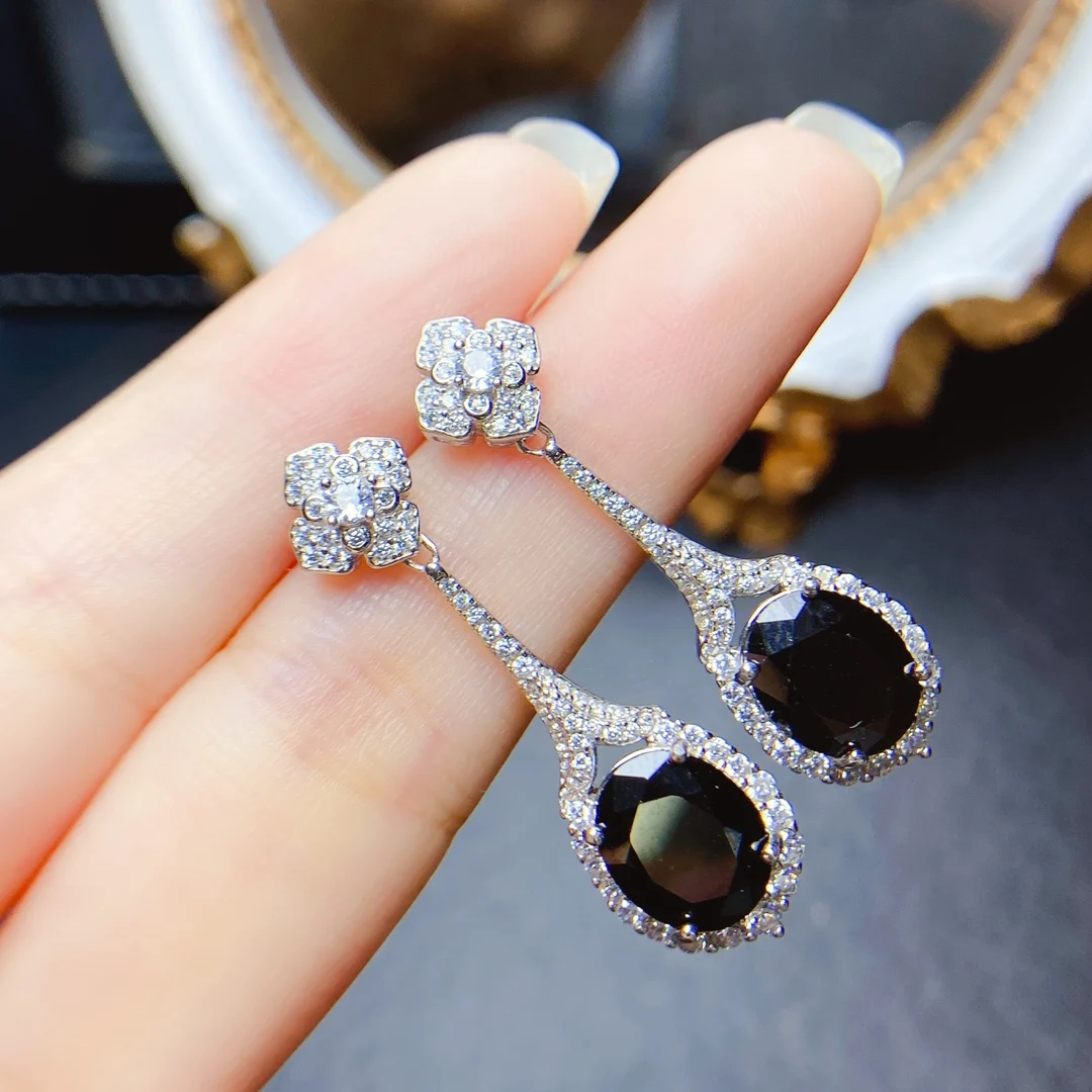 FS Fashion Real S925 Sterling Silver Natural Black Spinel Earrings With Certificate Fine Charm Wedding Jewelry for Women MeiBaPJ