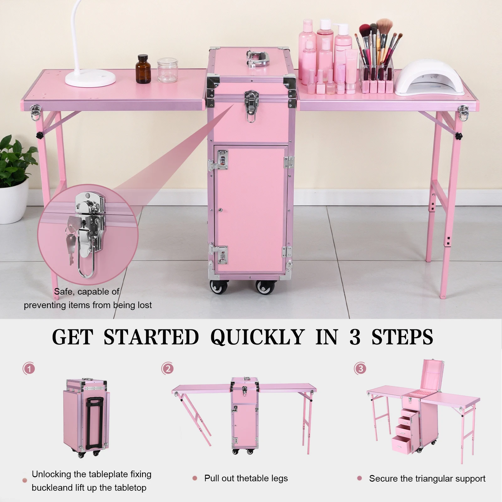 

Mobile Makeup Artist Trolley with Wheel & Drawers Manicure Dressing Table Large Capacity for Manicurist Cosmetologist Beautician