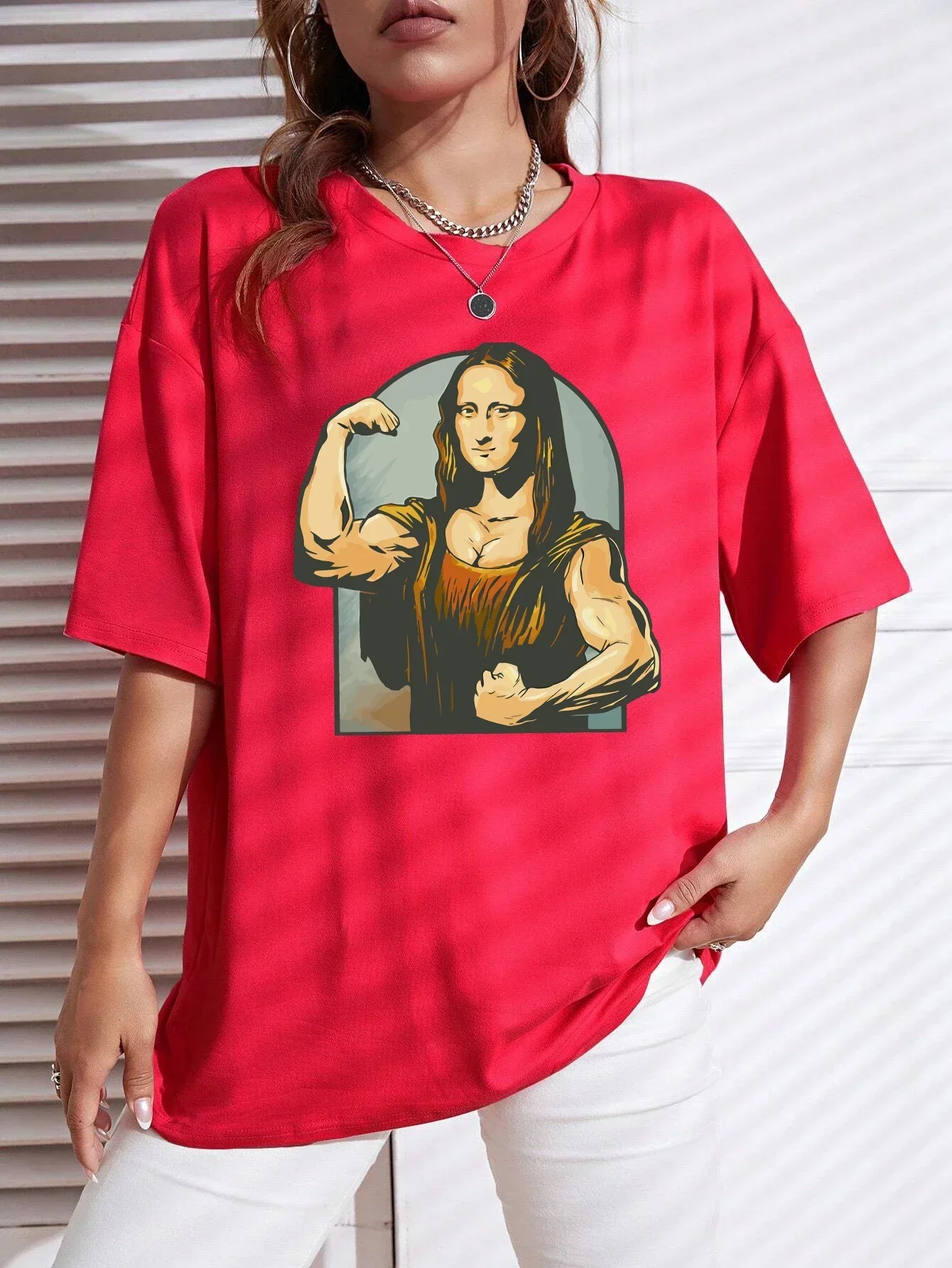 Jugando bromas en الموناليزا اللياقة البدنية estampado camiseta para mujer camiseta عادية pantalón corto manga suelta camiseta #5