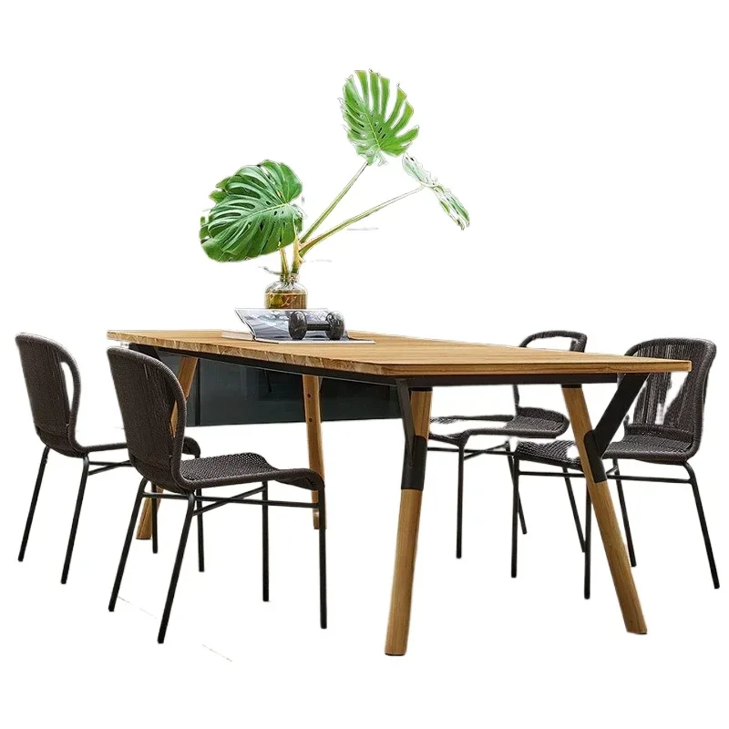 

Outdoor villa courtyard table and chair combination leisure garden rock slab long dining rattan hotel