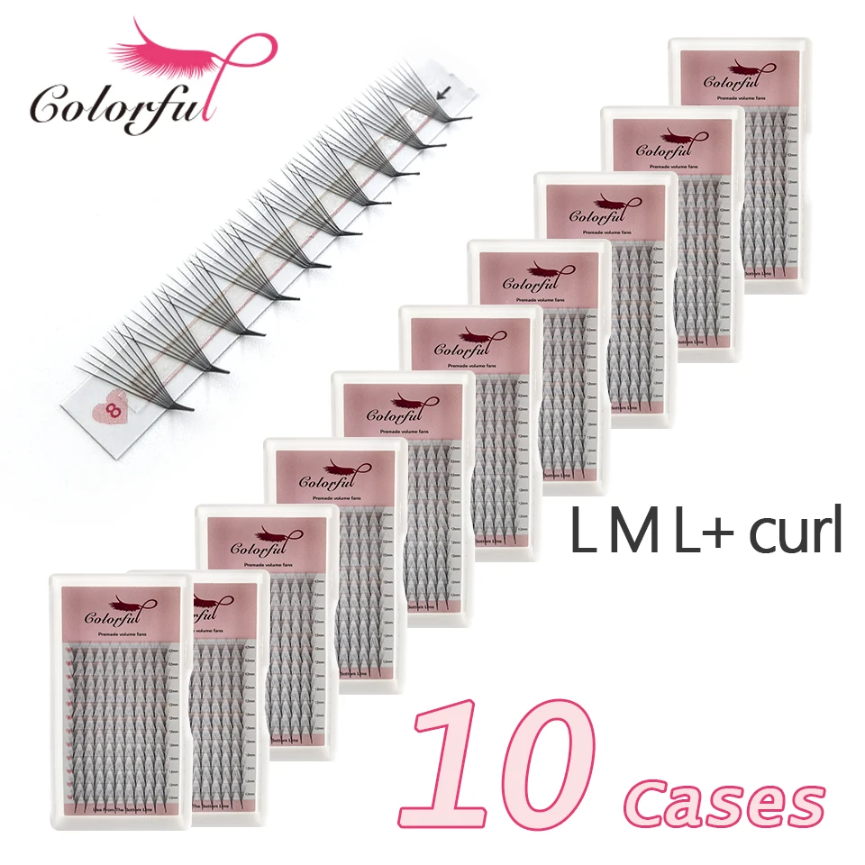 Colorful 10 Cases 5D 6D 8D 10D L L+ M Curl Promade Fans Eyelash Extensions Thin Pointy Base Russian Volume Premade Fans Eyelash