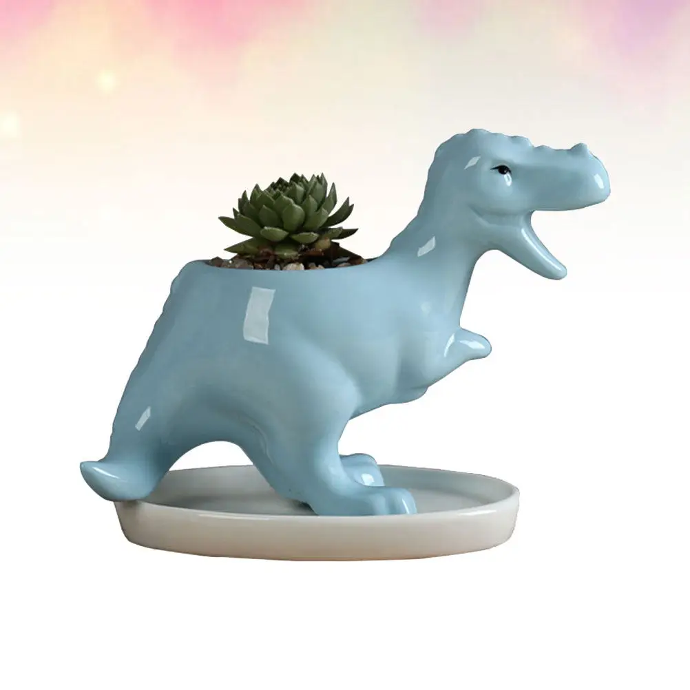 1Pcs Dinosaur Ceramic Flower Pot Creative Succulent Basin Cartoon Tyrannosaurus Desktop Ornament for Home Office Garden