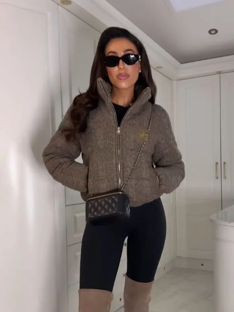 HH 女性用ハイストリートニットコート 無地 ハイネック 長袖 ポケット付き ジッパー付き 冬ファッション レディースショートジャケット 2色