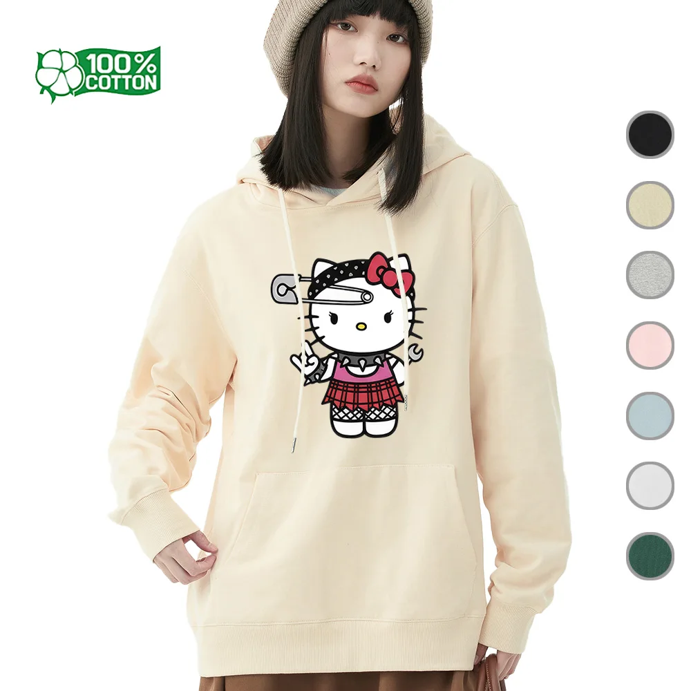 

Kawaii Punk Hello Kitty с толстовкой с гитарой, толстовкой и пуловером с принтом в стиле рок, мягкая футболка из 100% хлопка