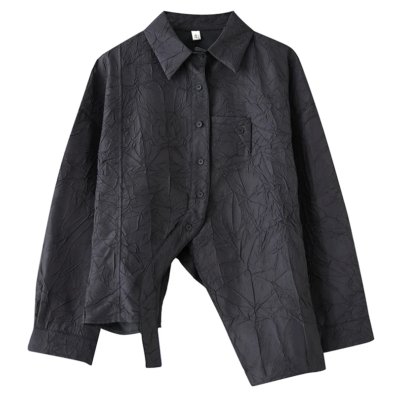 Spring 2025 Loose Large Size Slimming Design Faionable irt Top Pleated Asymmetrical Versatile Sli Women's  Collar...