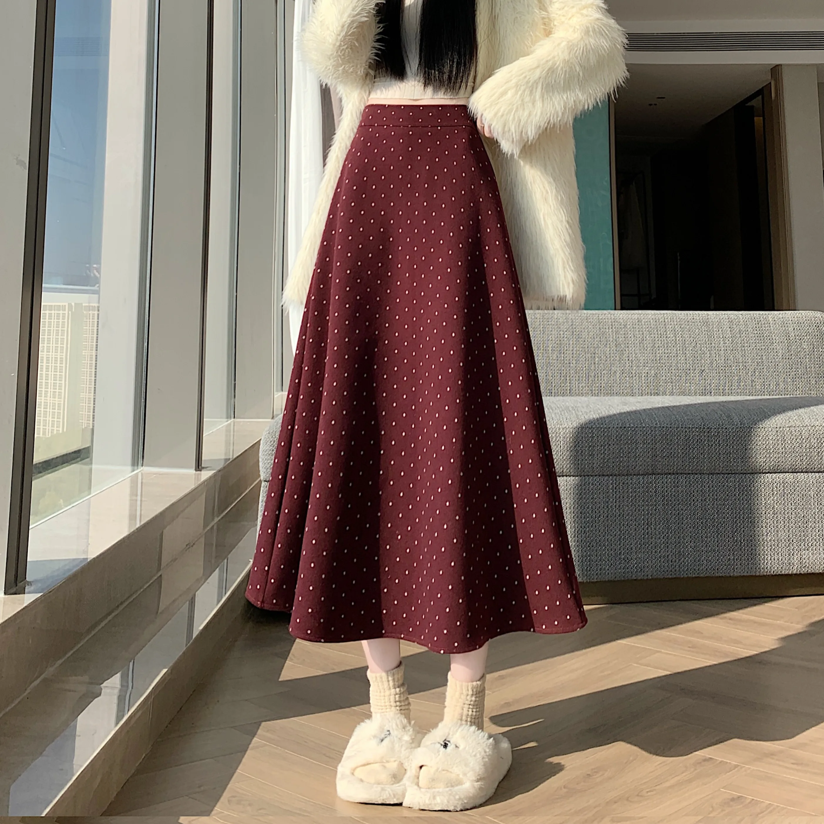Warm Plaid A-Line Skirt Women's High Waist Umbrella Skirt Retro American Style Autumn Winter Korean Version round Dot Design