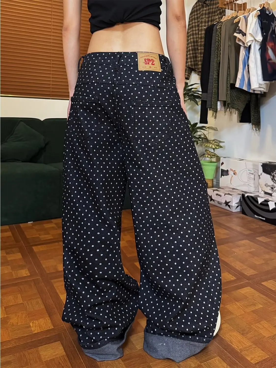 Women's Pants Black Gothic Y2k Baggy Jeans Harajuku Vintage Polka Dot Denim Trousers Japanese 2000s Style Oversize Jeans Pants