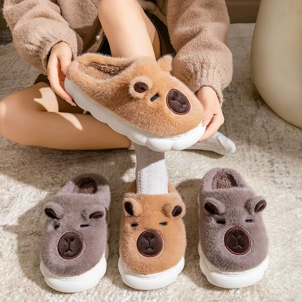 

Winter Capybara Plush Slippers Soft Thicken Warm Cartoon Furry Slippers Anti-slip Thick Soled Warmer Home Cotton Shoes Women Men