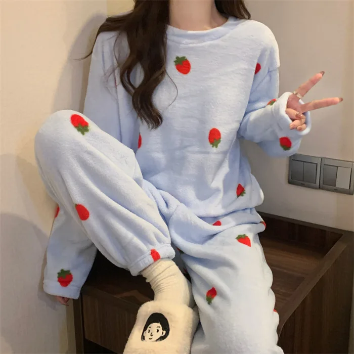 Verdickte warme Nachtwäsche für den Winter, Korallensamt, Erdbeer-Flanell, Loungewear, Damen-Pyjama, internationale Studenten, 2 Stück/Set – Detail 7