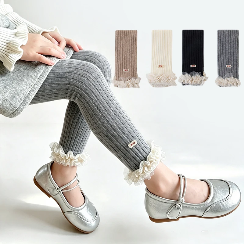 Toddler Ribbed Ankle Length Girls Leggings Sweet Lace Frill Cuff Girls Pants Soft Elastic Kids Pantyhose for Girls Daily Wear