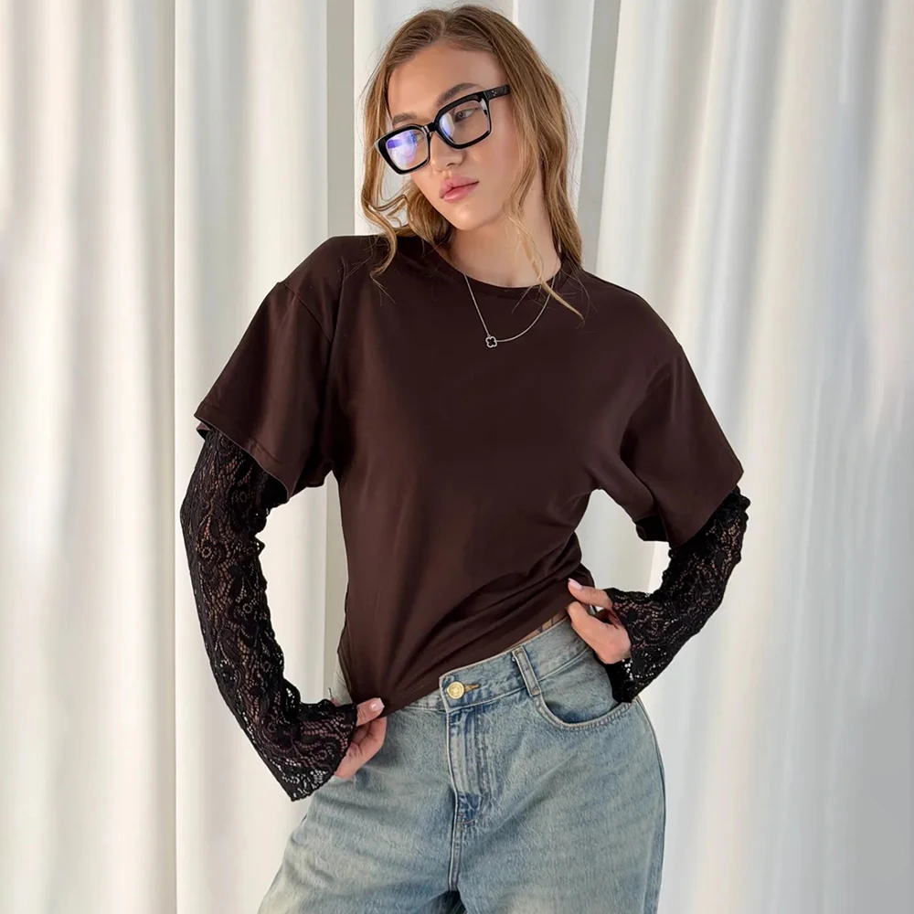 

Talenza Women's Lace T-Shirt Fashion Casual Lace Long-Sleeved Patchwork Slim Solid T-Shirt Summer Commuter Streetwear Female Top