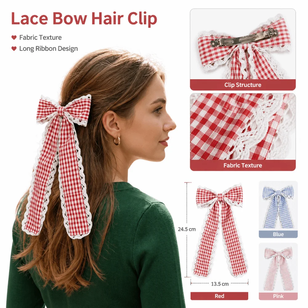 New Plaid Pattern Hair Clips Lace Bow Spring Clip Hair Ribbon Half-Up Hairstyles Long Lolita Hairpins For Women Girls