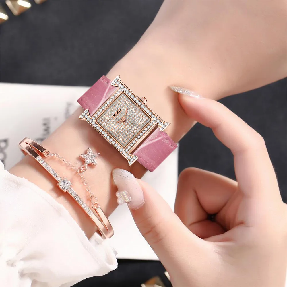 Luxury Ladies Brand Watches Fashion Square Diamond Full of Stars Lady Quartz Watch Casual Leather Women Dress Clocks Wristwatche