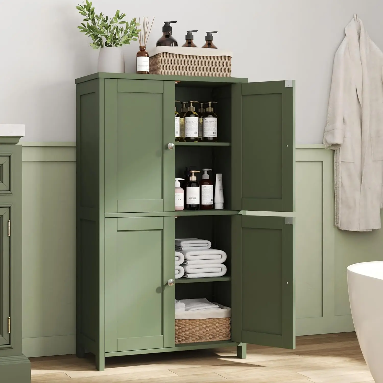 

Шкаф для хранения с 4 дверцами, отдельно стоящий, 3 регулируемых уровня высоты, верхняя полка, металлические ручки, для ванной и кухни, светло-зеленый, на заказ