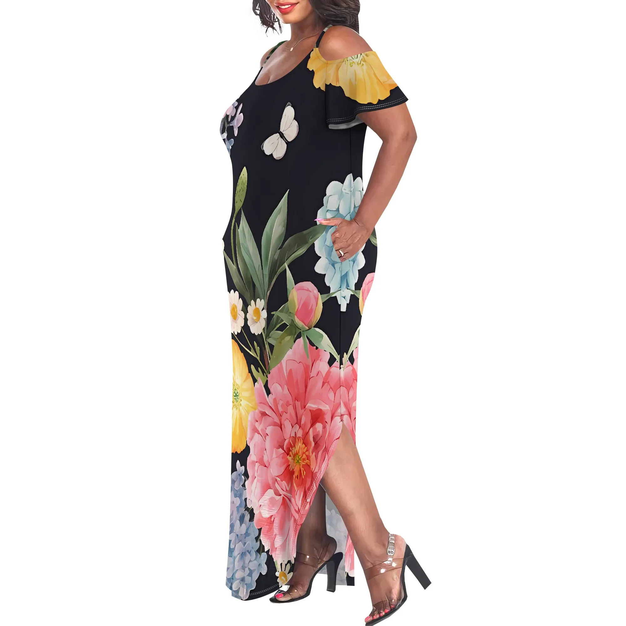 Plus Size Cold Shoulder Maxi Dress Floral Print Summer Casual Beachwear for Women Vacation Outfit