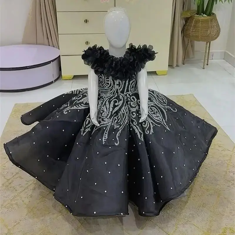 

Black Girls Birthday Party Dresses Customized Beading Sequins Flower Girl Dresses Kids Little Children Ball Gowns for Wedding